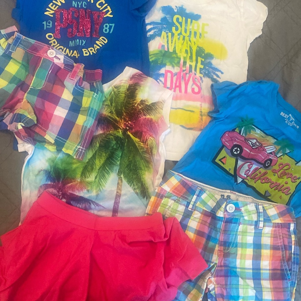 Girls Lot sz 5 6 shorts shirts skirt beach tropical plaid pink blue California